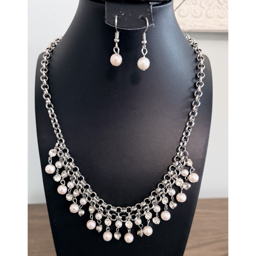 Faux Pearl Rhinestone Dangle Bib‎ Necklace Earrings Set Bridal Prom Glam